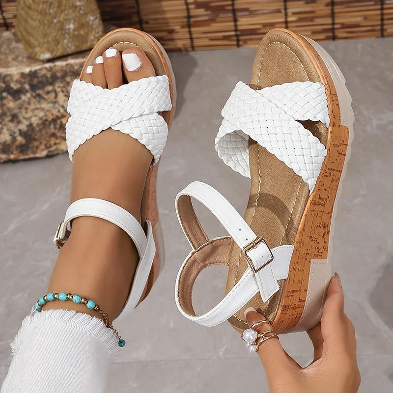 Fashion Woven Ankle Strap Wedge Heels Sandals Woman Fashion Braided Platform Rome Shoes Women Summer 2025 Thick Bottom Beach Sandalias