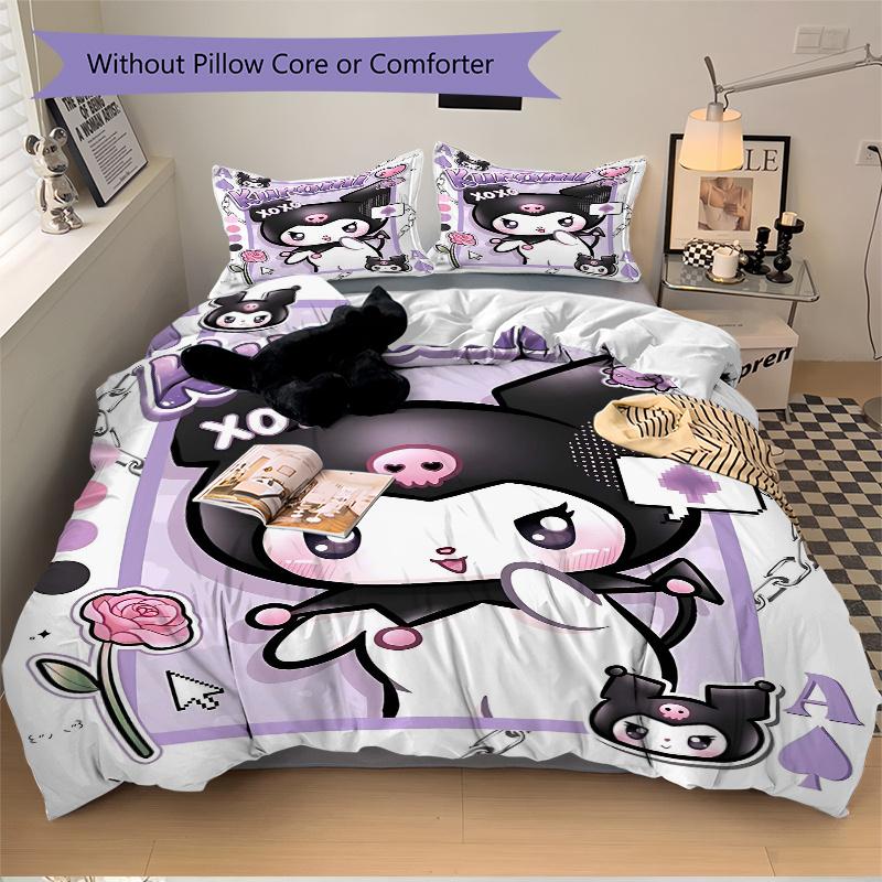 3pcs Kuromi's Sweet Kisses Quilt Set Cartoon Themed Bed Quilt Set Lovely Character Bedroom Decor Bed Quilt Set Four Seasons (1 Cover + 2Pillowcas