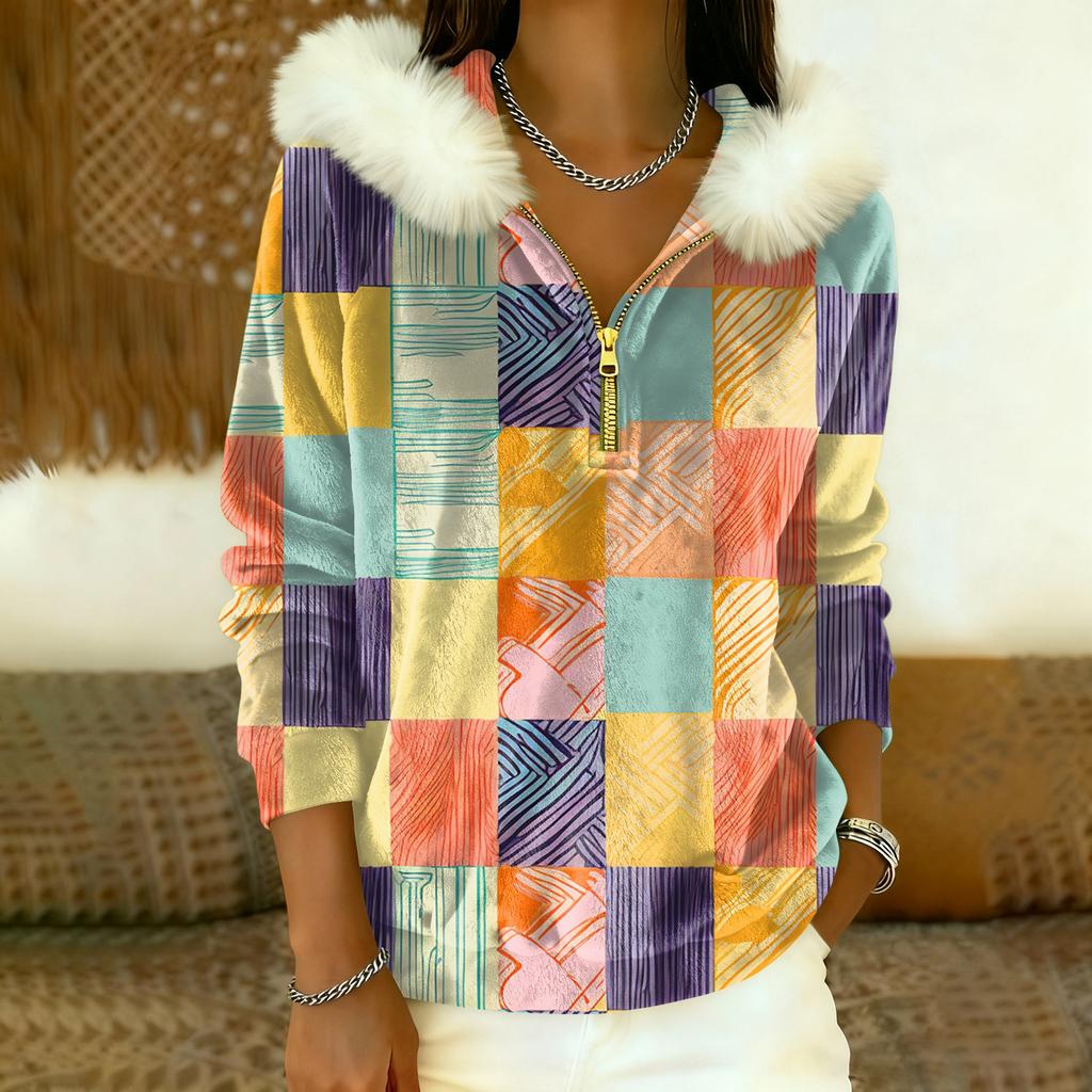 Women's Loose And Comfortable Casual Fashion Half-Zip Hooded Long Sleeve Conventional Printing Top