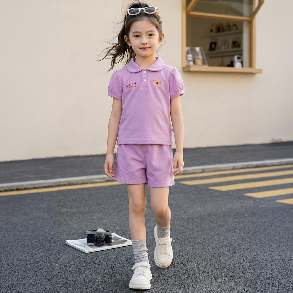 Girls' Short-sleeved T-shirt Set For Summer Children's Casual Embroidered Polo Shirt Set