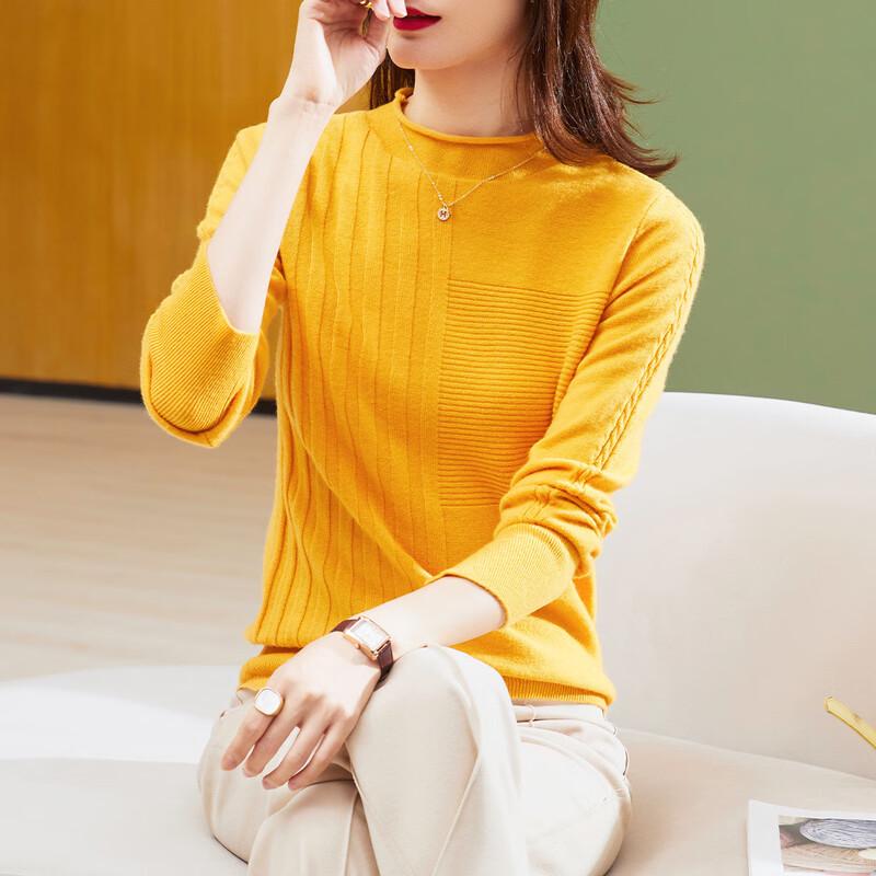 TUHUANG Women's Pure Wool Half-High Collar Ribbed Knit Sweater