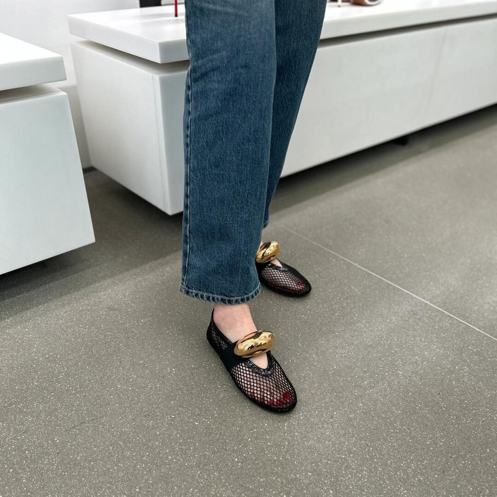 Sheepskin Small Gold Buckle Leather Soft Sole Mesh Sandals Women's Hole Shoes Breathable Hollow Roman Shoes Mary Jane Single Shoes