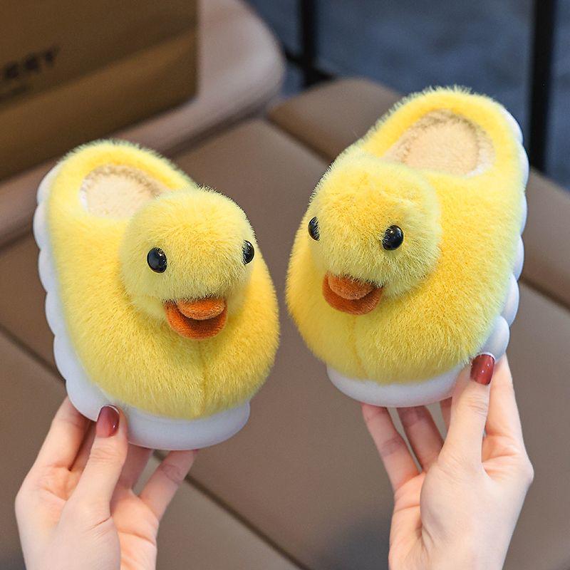 Kleine Ente Plüsch rutschfeste Baumwollpantoffeln für Kinder - Süßes pelziges Design für Jungen & Mädchen