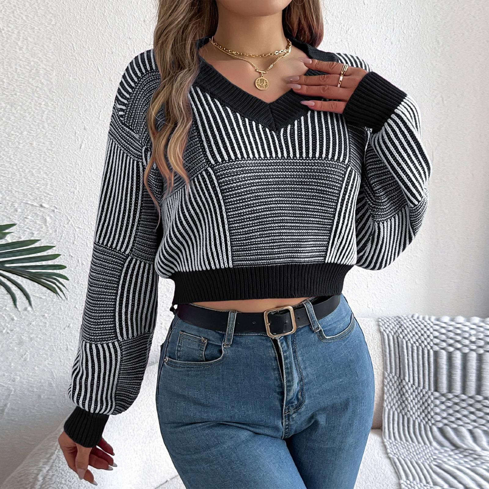 Женский свободный повседневный полосатый свитер с V-образным вырезом и длинными рукавами, топ-пуловер L чёрный