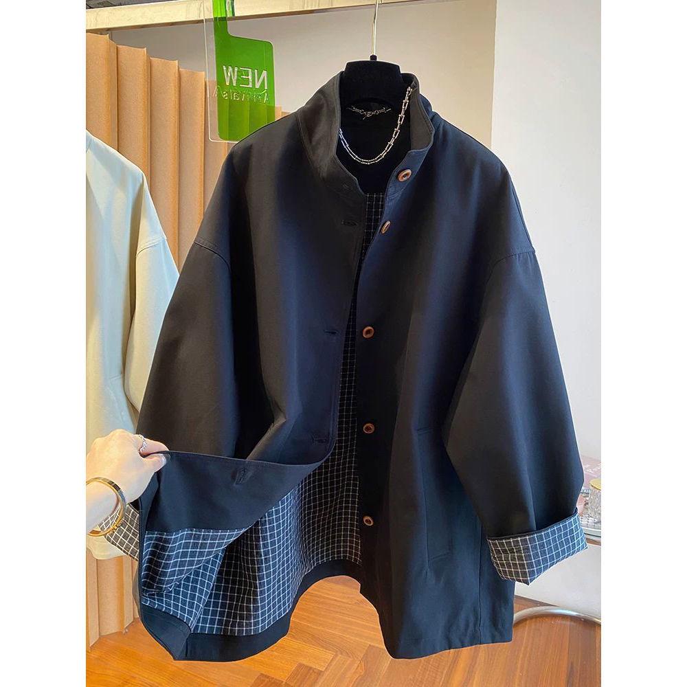 Korean Women's Plaid Stand Collar Windbreaker Jacket, Spring/Autumn 2025, Loose Mid-Length Coat