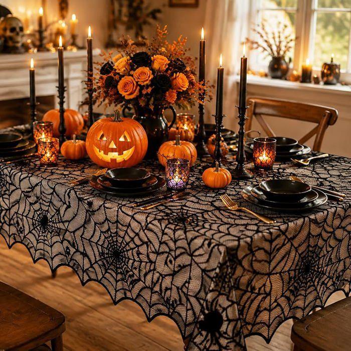 Nappe Toile d'Araignée, Décoration Halloween Fête, Noir 195x248cm Dentelle, pour Fêtes, Soirées Costumées, Table Gothiques