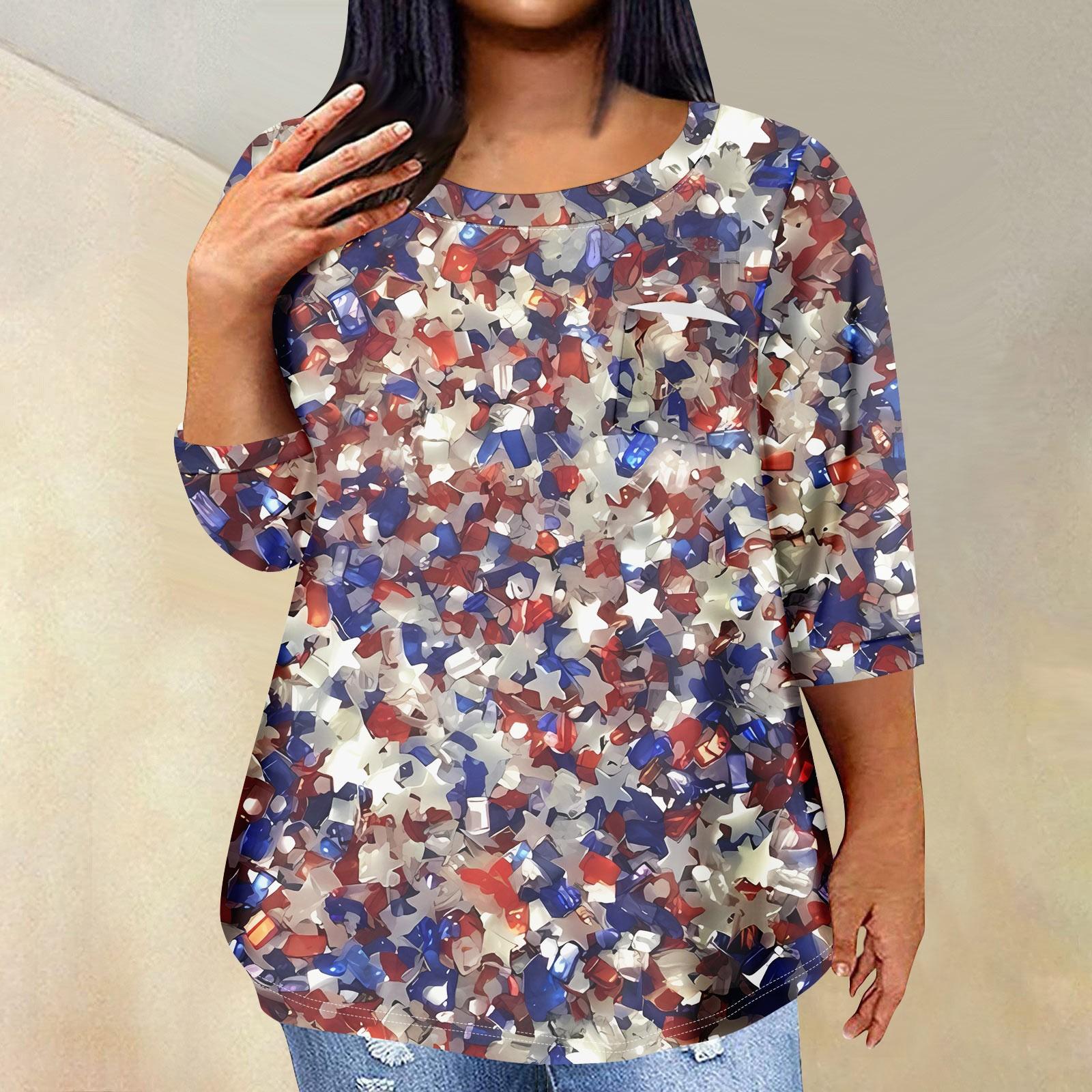 

Женская модная повседневная футболка с рукавом три четверти и принтом в честь Дня независимости и круглым вырезом, карманная футболка, топ XXXL синий