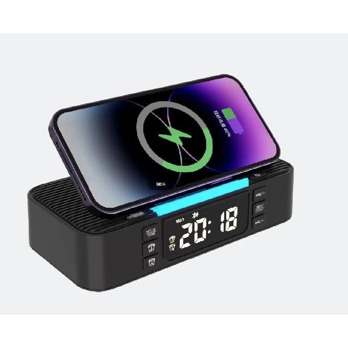 Wireless Charging Bluetooth Speaker Clock FM Radio Night Light Electric Dual Speaker Loud Alarm Clock USB and Type-C port Charing for phone