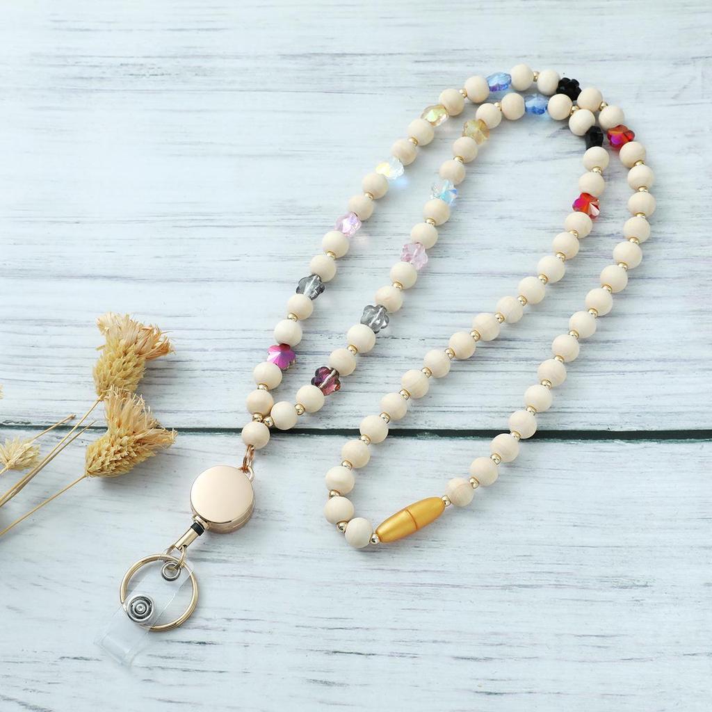 Adjustable Wooden & Silicone Bead Lanyard Necklace for ID Cards