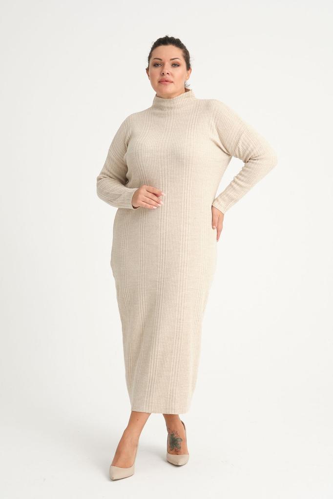 Damen Big Size Kleid Grün Halb Rollkragen Strickkleid Plus Size