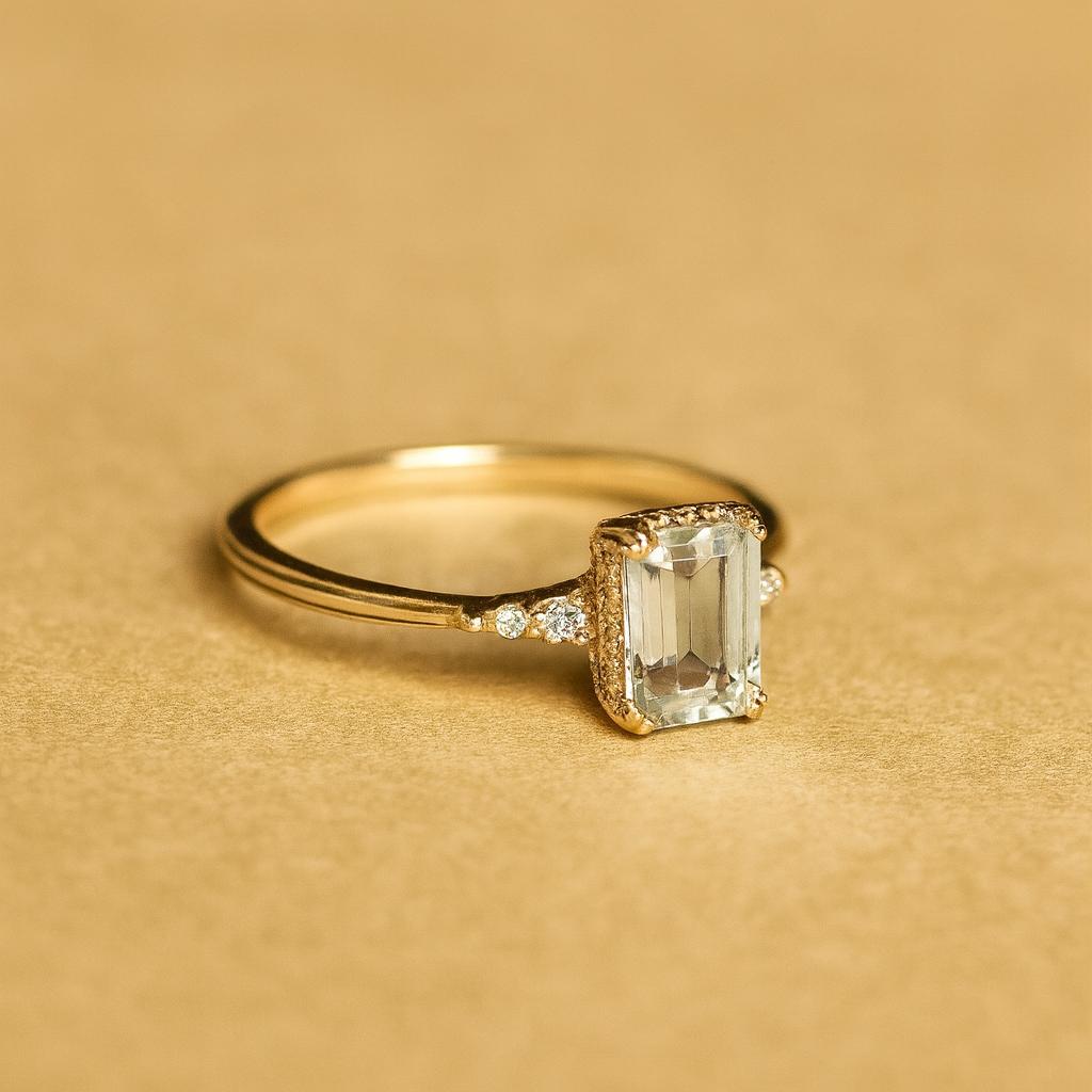 Women’s Emerald Cut Green  Amethyst Gemstone Engagement Ring – Gold Plated Band with Side Diamond Accents, Elegant Statement Jewelry Gift for Her