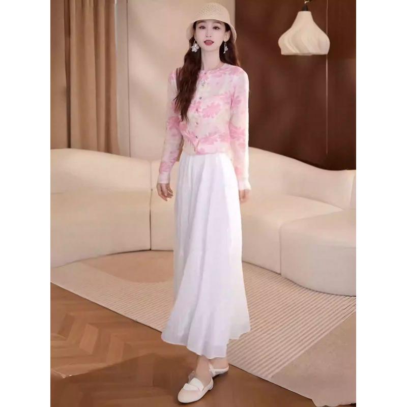 2026 Gentle Korean Style Spring Cardigan & Skirt Set: Printed Knit Two-Piece S