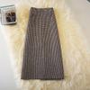 Women Plaid Wool Blend Midi Belted Skirts High Waist Slim Houndstooth A-Line Knee Length Skirt