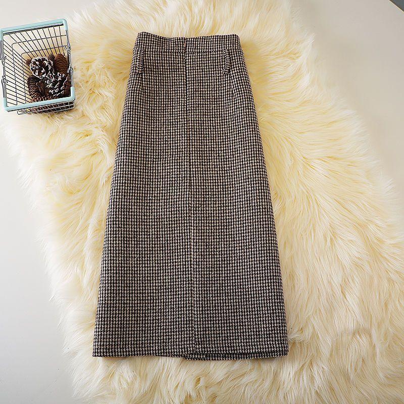 Women Plaid Wool Blend Midi Belted Skirts High Waist Slim Houndstooth A-Line Knee Length Skirt