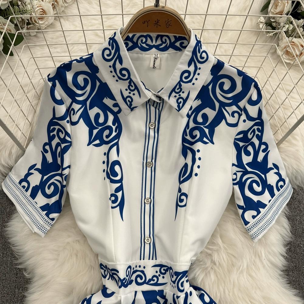 Summer Women Designer Print Runway Dress Short Sleeve Lapel Shirt Party Dresses
