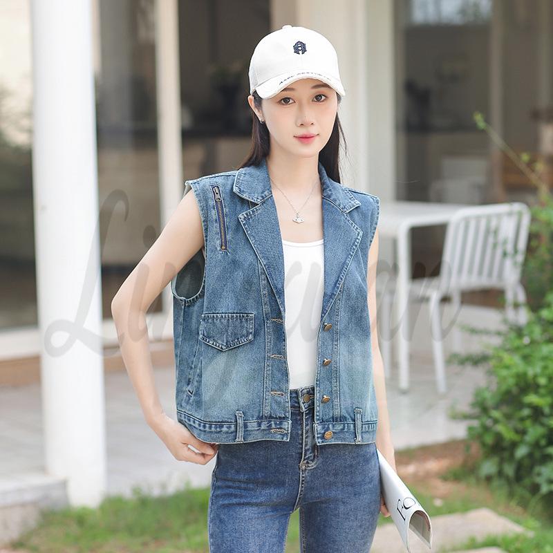 Women s Summer Denim Vest - High-End Design, Casual Sleeveless Outerwear, Short Jacket S синий