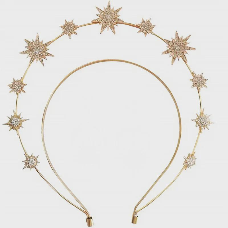 European Baroque Rhinestone Star Bridal Headband - Double Layer Gold Alloy Accessory