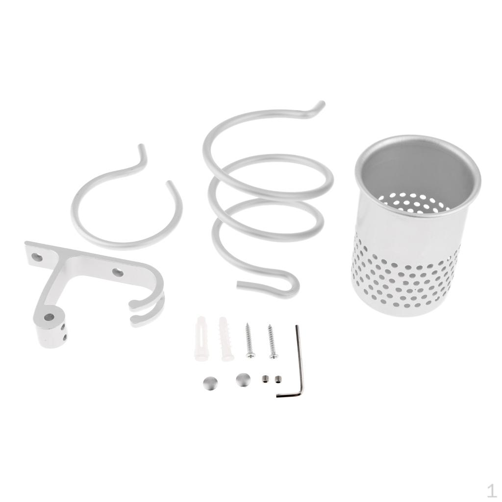 Wall-Mounted Hair Dryer Holder Comb Brush Organizer Cup Rack серебряный