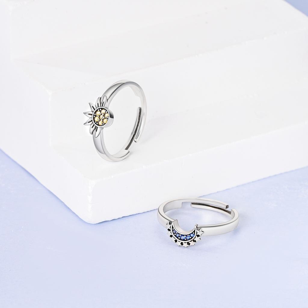 Copper Sun Moon Star Open Ring For Women Cz Inlaid Vintage Fidget Adjustable Celestial Fine Jewelry Gift