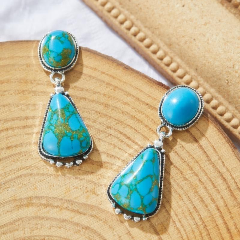 Bohemian Vintage Inlaid Imitation Turquoise Geometric Pendant Earrings for Women Fashion Exquisite Party Zircon Gifts