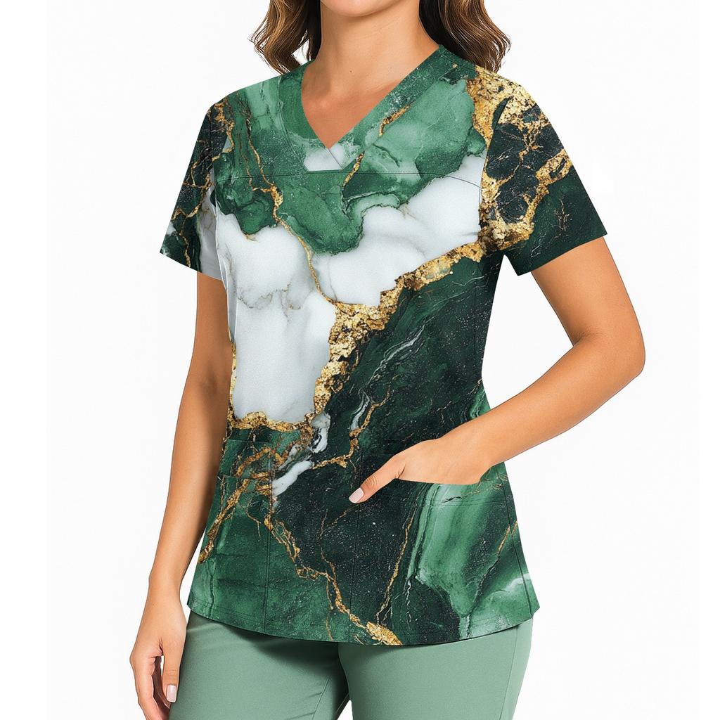 Kvinners avslappet trykket V-hals lomme sideslisse kortarmet topp kortarmet topp