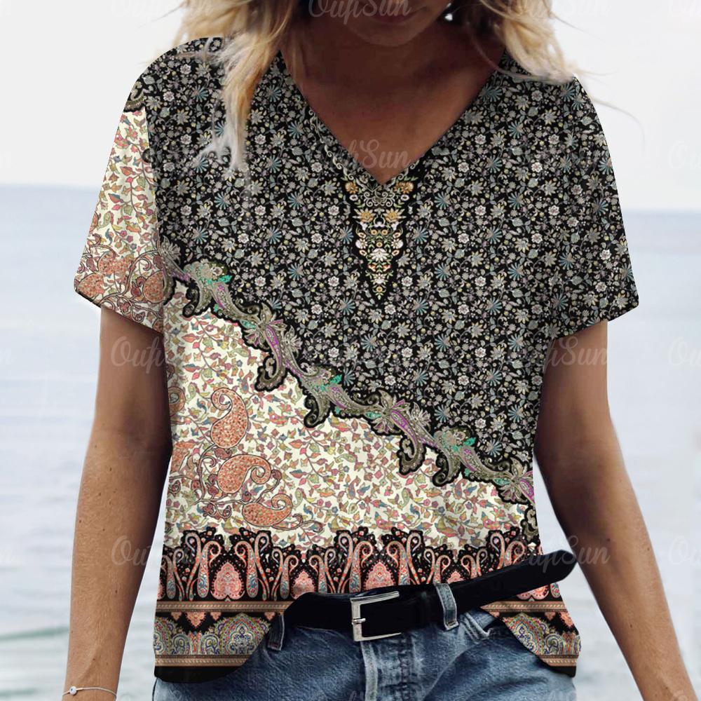 Vintage Damen T-Shirt Ethnischer Blumendruck Übergroße Bluse Damen Trendige Kleidung Mode Kurzarmshirt Damen V-Ausschnitt Hund