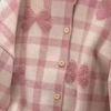 Women Solid Color Bow Plaid Sweater Korean Loose Round Neck Knitted Cardigan Autumn Versatile Lady Single Breasted Coat