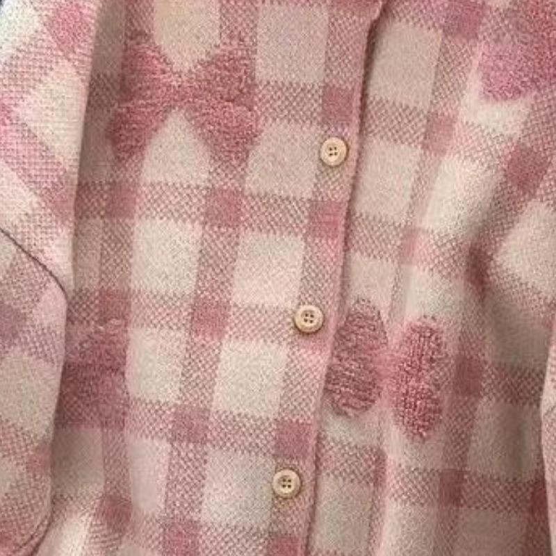 Women Solid Color Bow Plaid Sweater Korean Loose Round Neck Knitted Cardigan Autumn Versatile Lady Single Breasted Coat