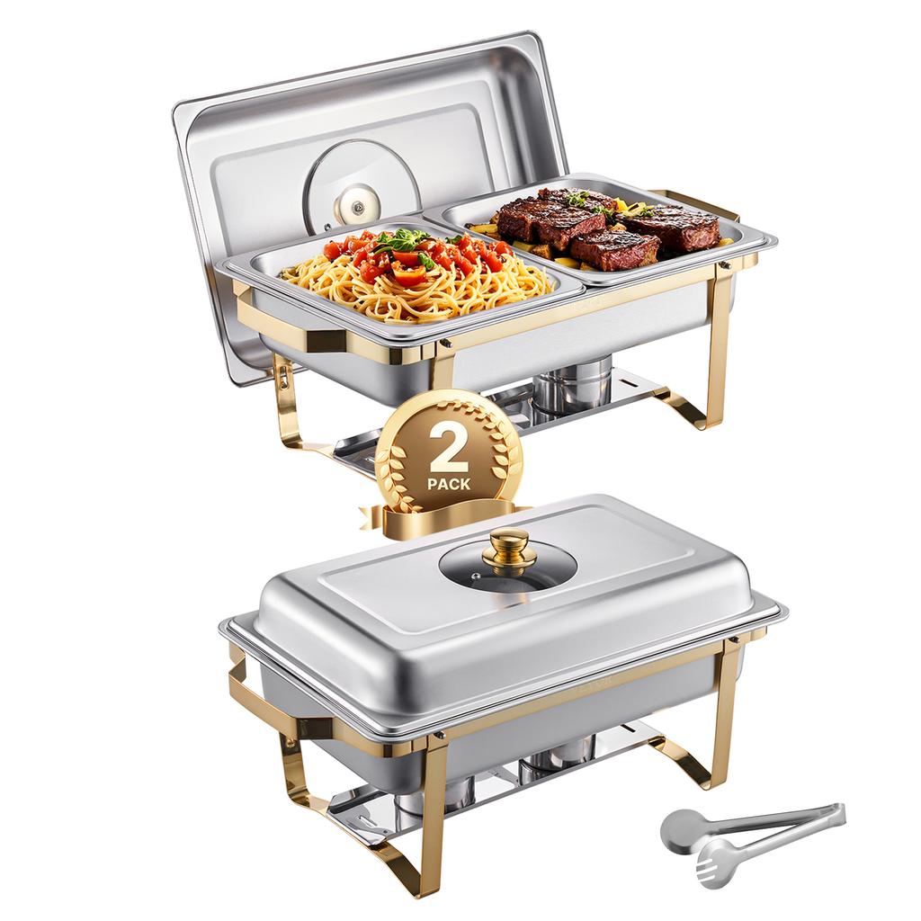 SucceBuy Chafing Dish Buffet Set 8 Qt Stainless Steel Chafer with Full Size Pans Rectangle Catering Warmer Server with Glass Lid