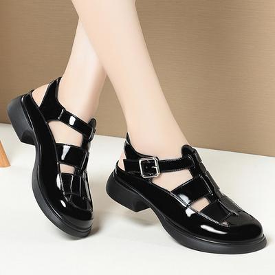 Fashion Comfort Fashion Square Heels Bright Leather Soft Sole Sandals Spring 2024 Women Breathable Round Toe Cutout Single Shoes