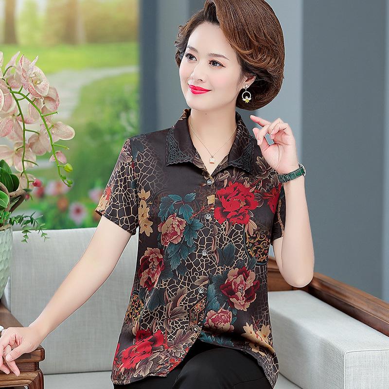 Faux Silk Short Sleeve Blouse for Middle-Aged and Elderly Women - Petite Fit, Mom Style