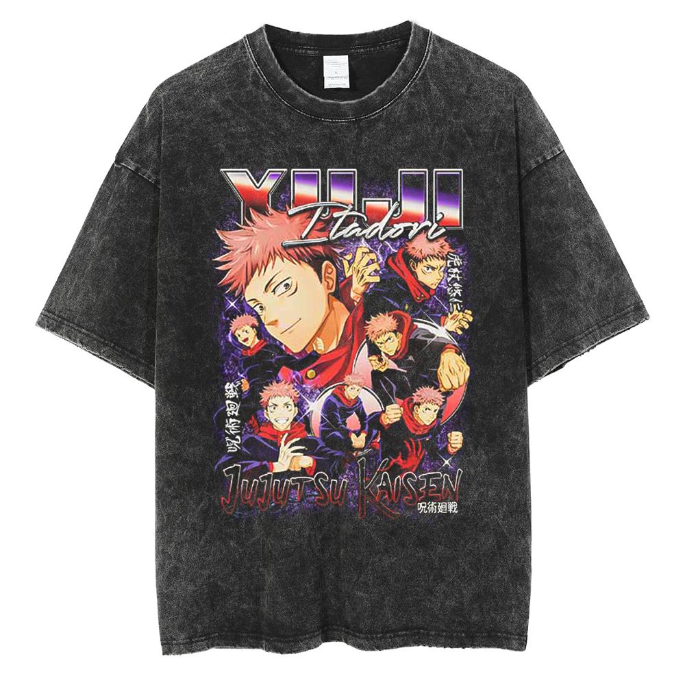 Anime Jujutsu Kaisen Itadori Yuji Ryomen Sukuna Graphic Washed T Shirt Men Vintage Cotton T-shirts Harajuku Male Casual TShirt
