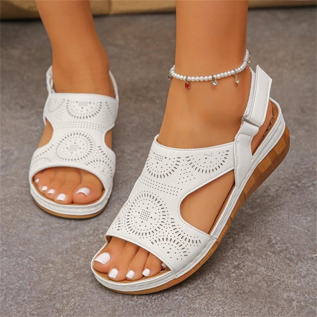Women’s Plus Size Adjustable Strap Hollow Out Casual Round Toe Sandals with Hook and Loop Closure for Summer Comfort