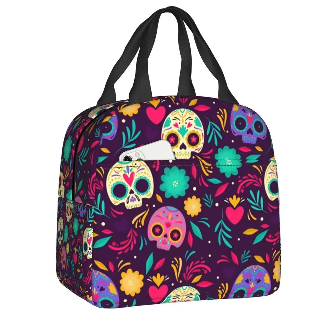 Mexican Sugar Skull Day Of The Dead Art Insulated Lunch Bags Women Resuable Thermal Cooler Food Lunch Box Outdoor Camping Travel