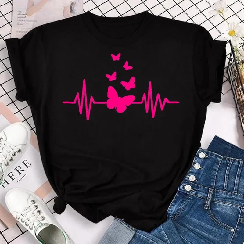 Women's colorful butterfly petal print T-shirt short-sleeved round neck cute graphic top