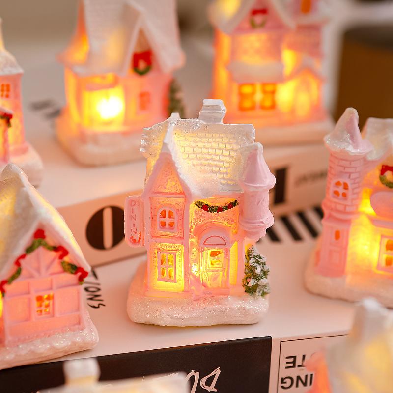 Christmas Decorations Resin Small House Light Up Village House Figurines Cartoon Table Ornament For Holiday Gift Cute Christmas