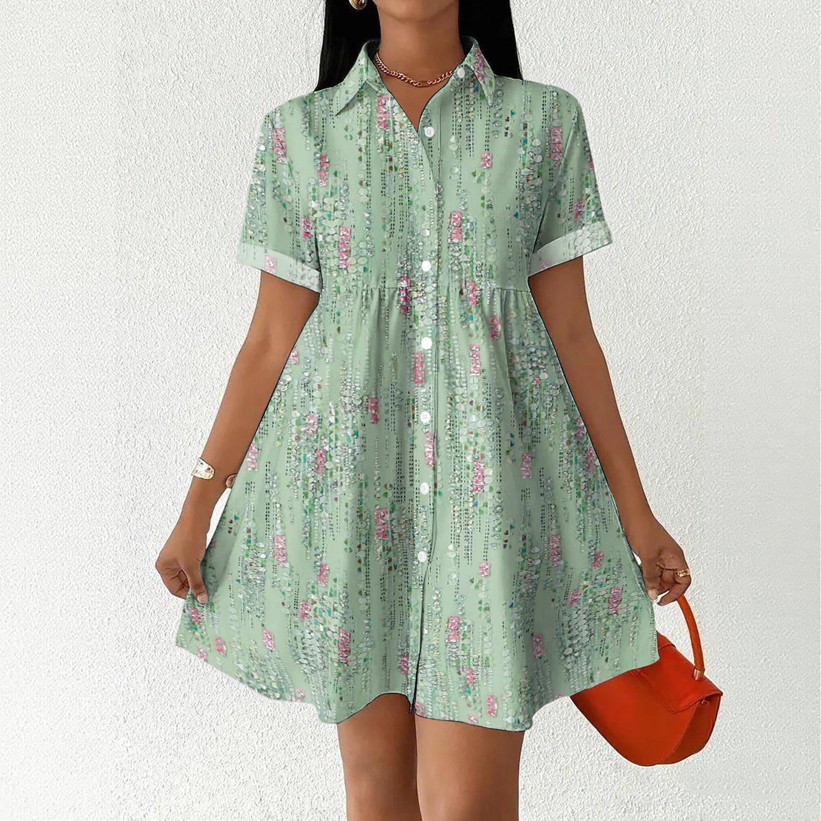 

Women Casual Loose Shirt Dress Button Up Stand Collar Short Sleeve Printed Mini Dress Lightweight Tunic Dress XL