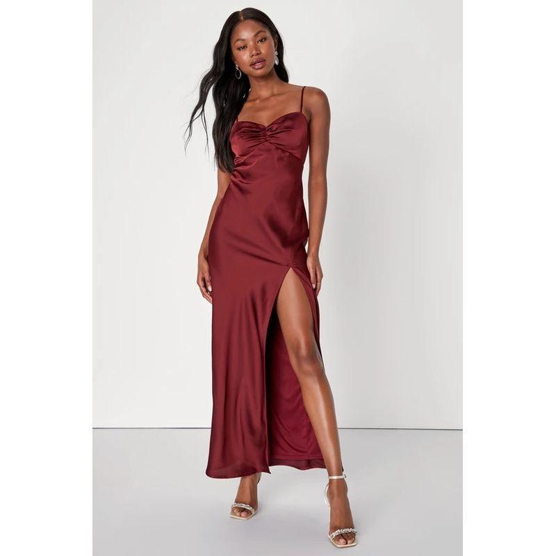 

Export Single Lu Home Fashion Suspenders Smooth Fabric Slit Slim-Fitting Slim Looking Temperament Banquet Dress Women s Dress Burgundy M