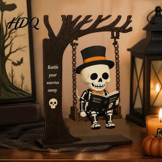 Scary Halloween Window Hangings Funny Swing Ornament Witch/Skeleton/Mummy/Pumpkin Ghost Sitting on Haunted House Theme Decorations Reading