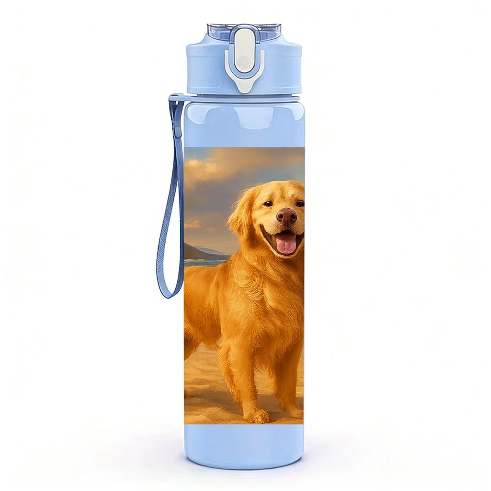 1PC Golden Retriever Beach Scene Print 750ml Color Plastic Sports Water Bottle Leakproof Flip Straw Lid Suitable for Sports Office Home Use