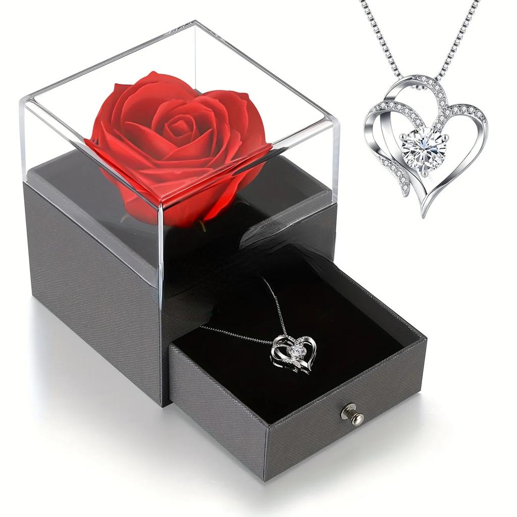 Exquisite Simulation Rose Box & Heart Necklace - Perfect for Women - Anniversary, Birthday, Christmas, Mothers Day Gifts