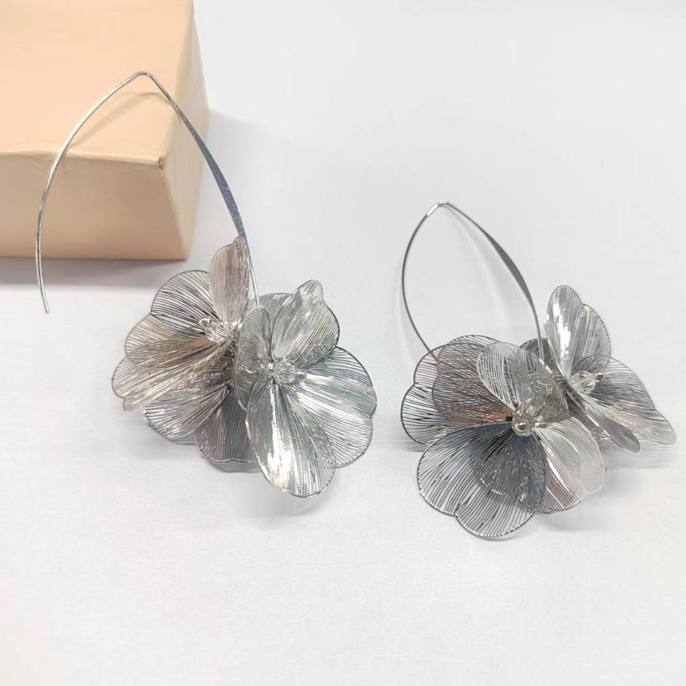 Exaggerate Gold Silver Color Flower Big Hoop Earrings Elegant Fashion Dangle Earring for Women Girl Ear Hook Metal Charm Jewelry