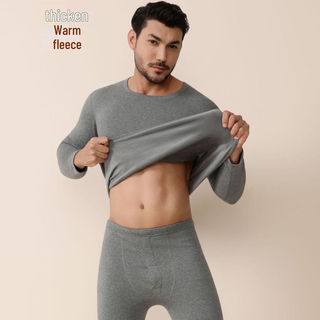Men's and Women's Fleece-lined Crew Neck Warm Underwear Set: Heat-generating, Cold-proof, Pure Cotton for Autumn.
