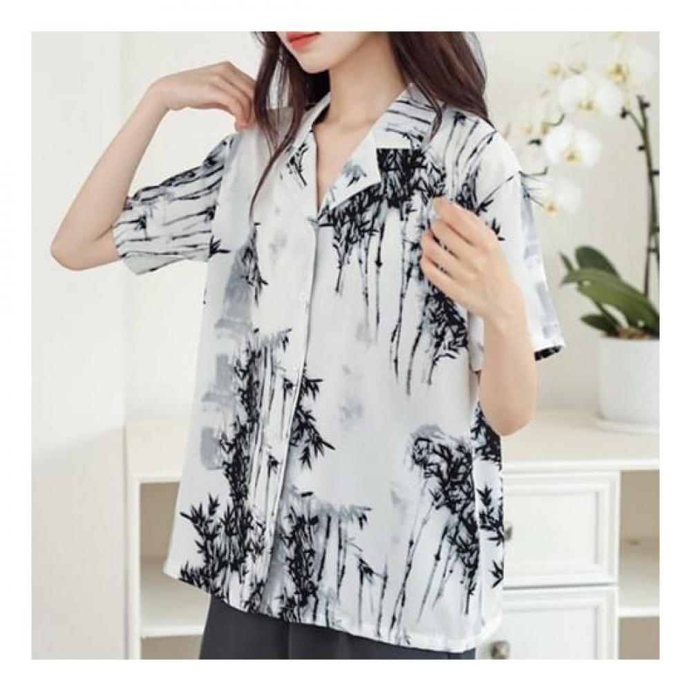 Navava Men Bamboo Print Loose Fit Short Sleeve Shirt Nb2068