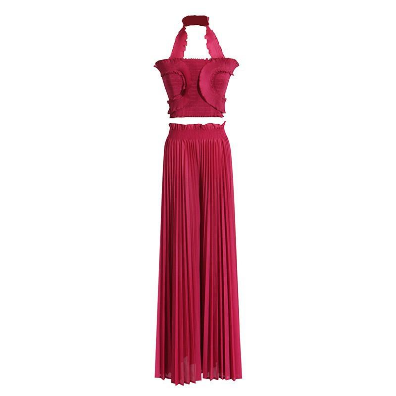 Fashionable Sexy Pleated Suit Women's Neck Ruffled Top With High-waisted Wide-leg Pants