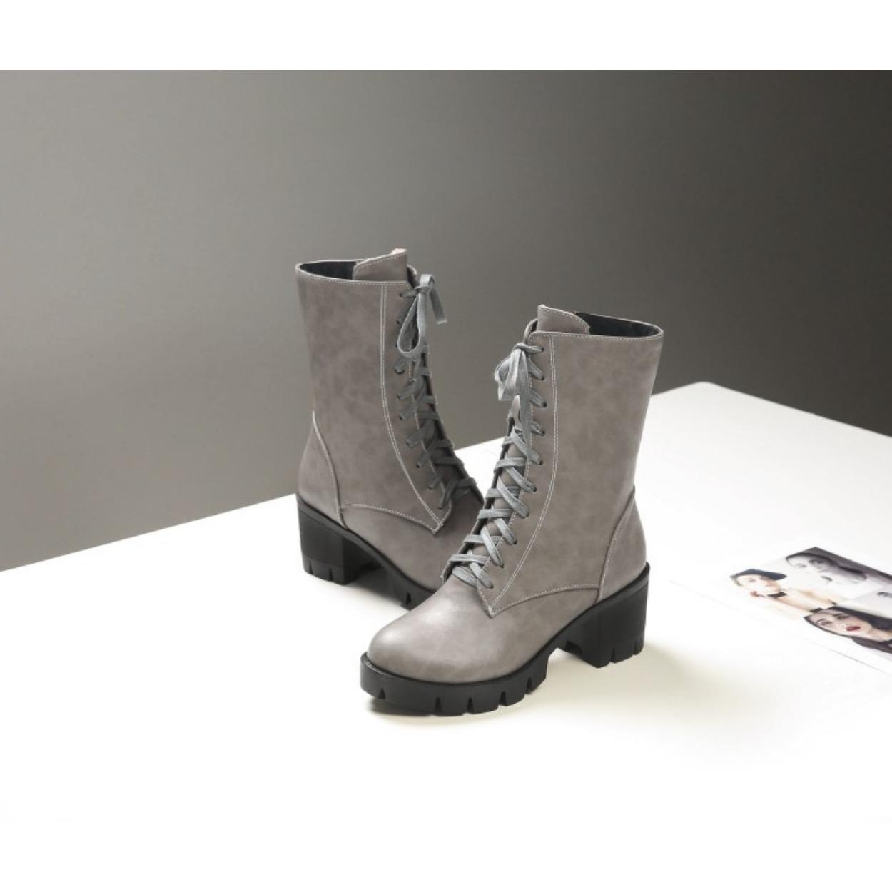 

Autumn and Winter Medium Heel Coarse Heel Square Heel Boots Front Lace-Up Women s Boots 40-46 39 серый