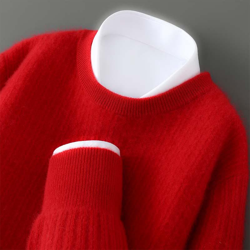 Men's Casual Round Neck Jacquard Wool Sweater - Loose Fit Pullover
