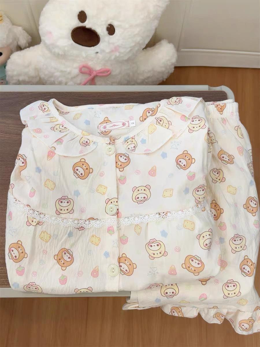 

Full of cute and relaxed bear girl pajamas, summer short-sleeved shorts, lace two-piece set, soft and cute can be worn outside loungewear S
