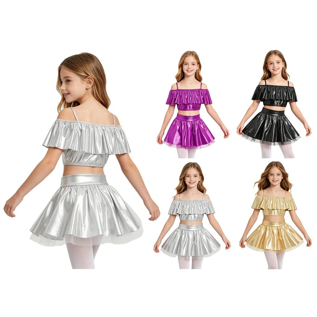 Girls Dancewear Off Shoulder Sleeveless Metallic Ruffle Crop Top and Shiny Tutu Skirt for Stage Competition Party Wear