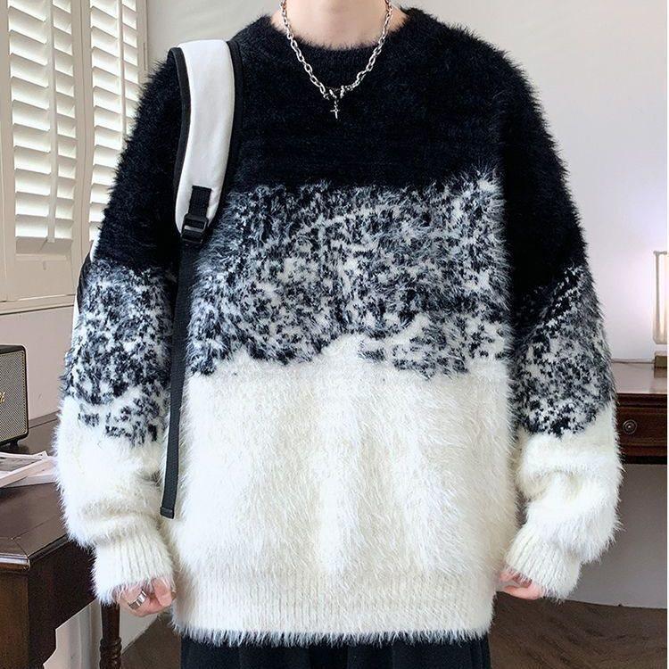 Men's Color Block Round Neck Wool Sweater - Soft, Thick & Warm Trendy Knitwear for Autumn & Winter